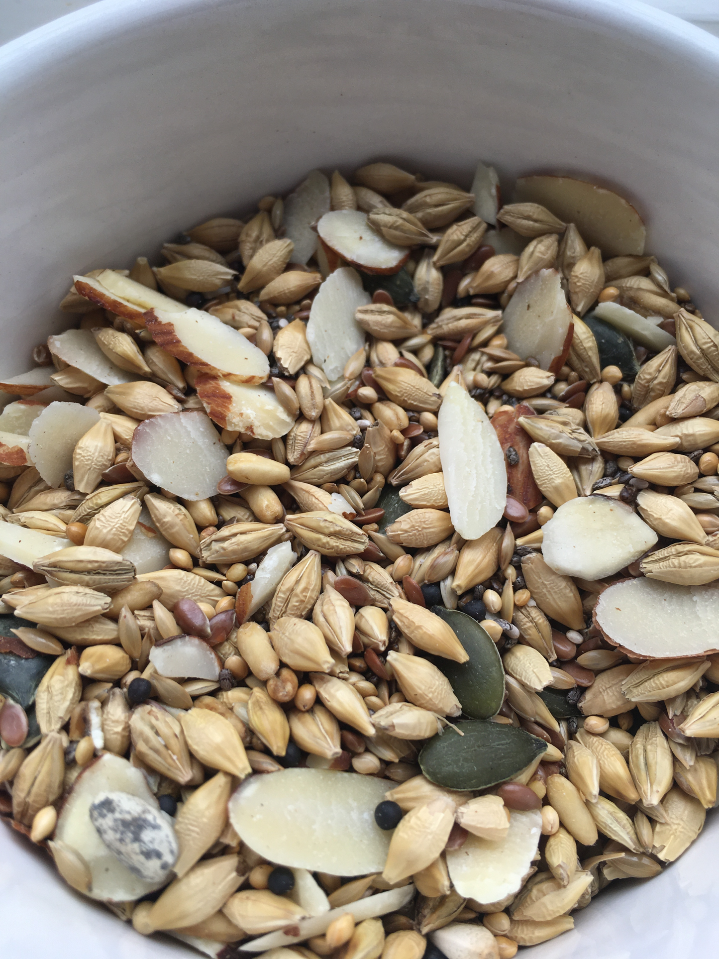 coarse seed mix with oats, sliced almonds, pumpkin seeds, linseed, chia seeds, and safflower