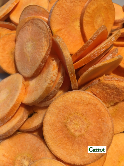 very dry, thin, crisp orange circles of freeze-dried carrot