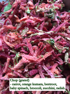 Close-up of grated freeze-dried vegetables - carrot, orange kumara, beetroot, baby spinach, broccoli, zucchini, and radish.