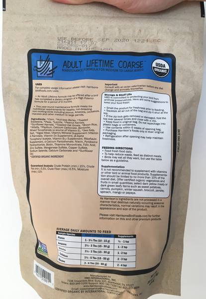 back of the small blue bag with instructions - Harrison's Adult Lifetime Coarse premium pellets for parrots, suitable for larger birds