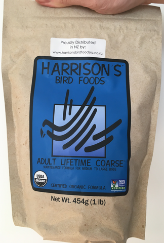 front of the small blue one pound bag of Harrison's Adult Lifetime Coarse premium pellets for parrots, suitable for larger birds