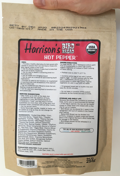 back of the red bag of Harrison's Bake at home bird bread mix in hot pepper variety, with baking instructions