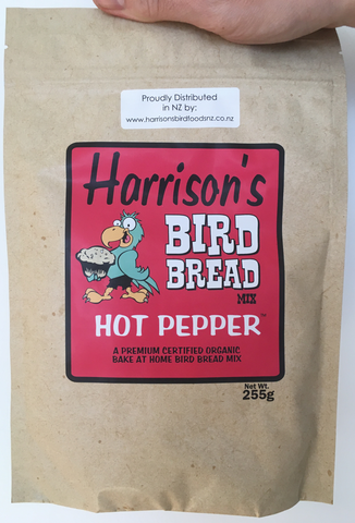 front of the red bag of Harrison's Bake at home bird bread mix in hot pepper variety