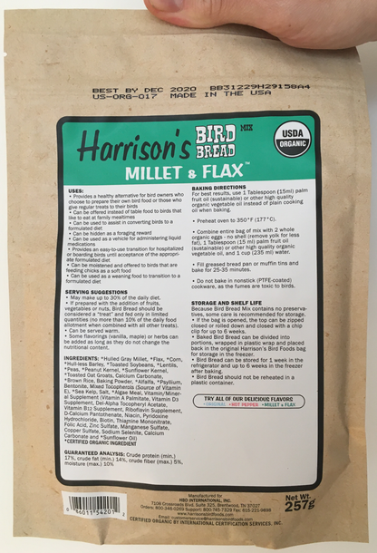 back of the green bag of Harrison's Bake at home bird bread mix in Millet and Flax variety, with baking instructions