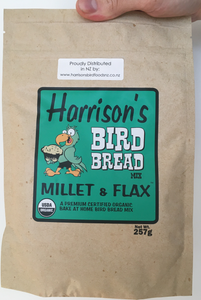 front of the green bag of Harrison's Bake at home bird bread mix in Millet and Flax variety