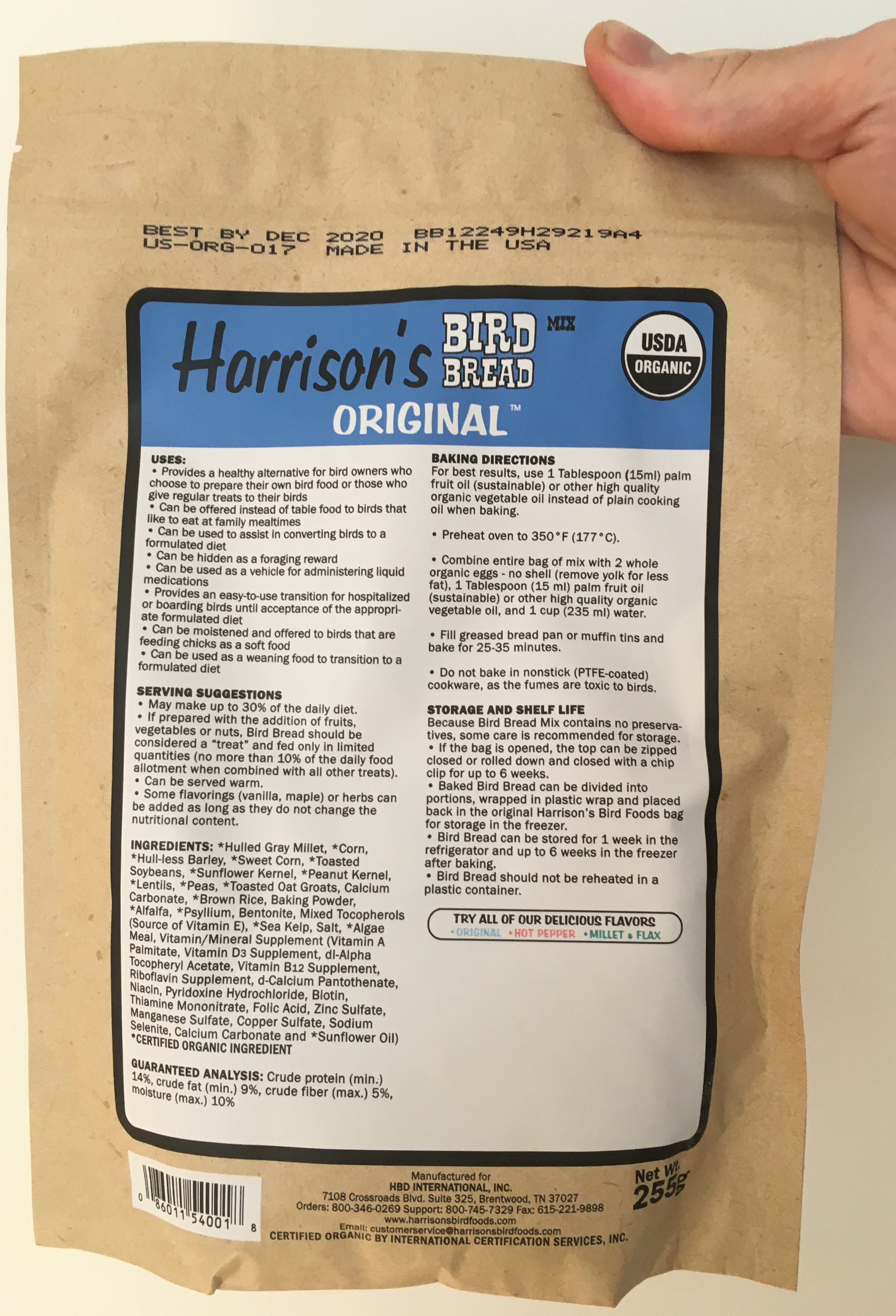 front of the blue bag of Harrison's Bake at home bird bread mix in the original variety, with baking instructions