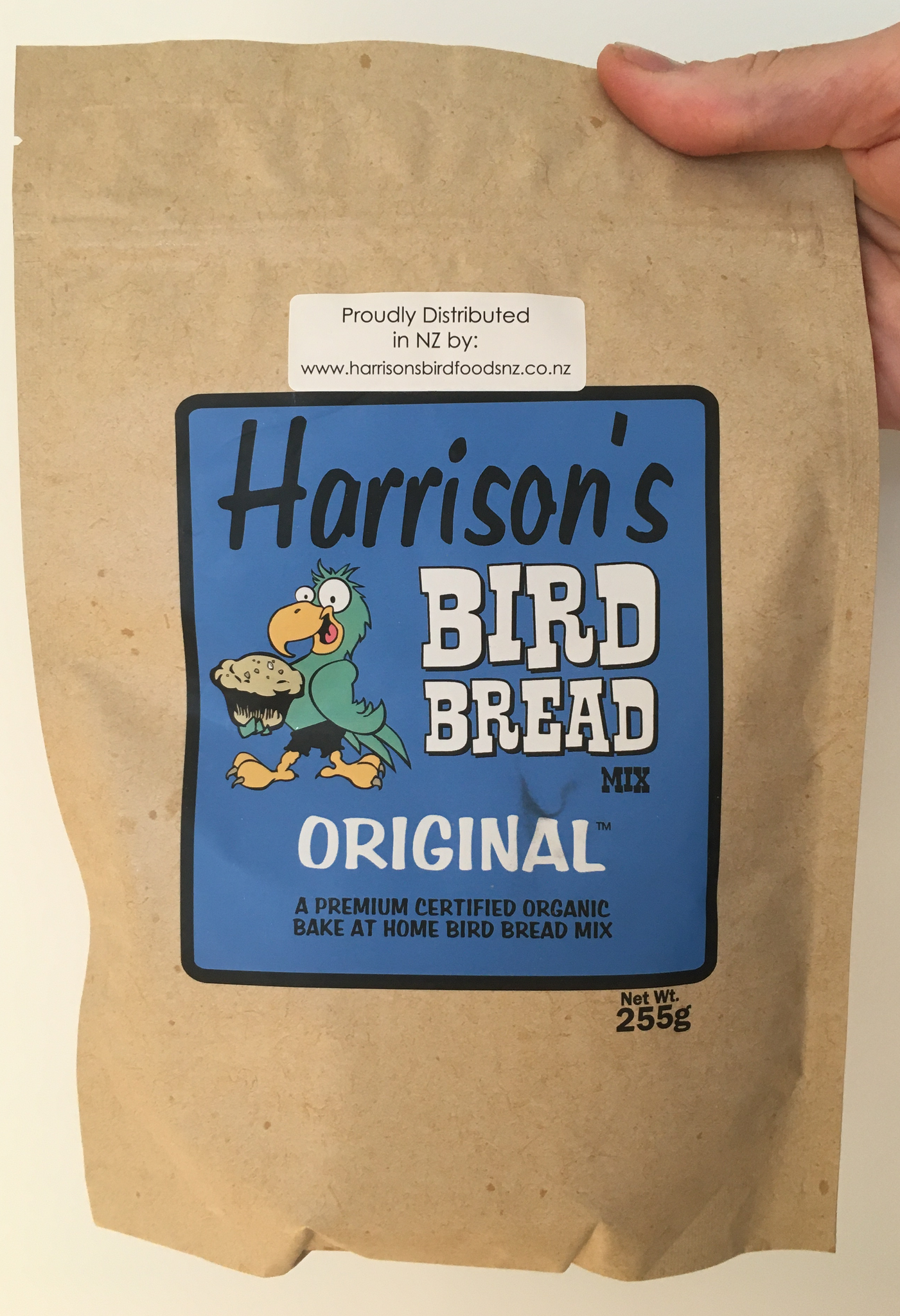 front of the blue bag of Harrison's Bake at home bird bread mix in the Original variety