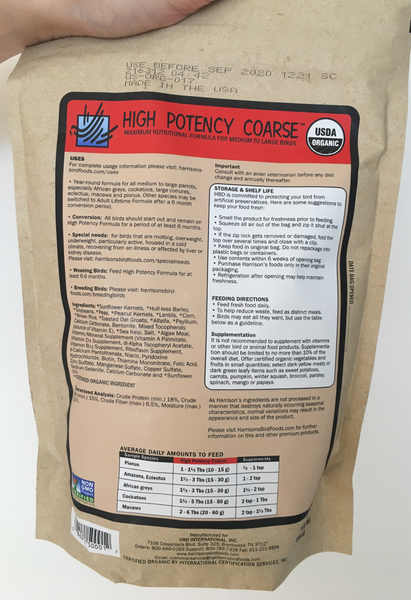 back of the small red bag of Harrison's High Potency Coarse premium pellets for parrots, suitable for larger birds with higher nutritional needs, with feeding instructions