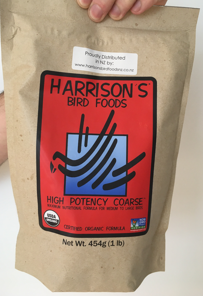 front of the small red bag of Harrison's High Potency Coarse premium pellets for parrots, suitable for larger birds with higher nutritional needs