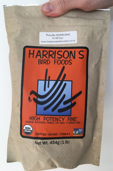 front of the small orange bag of Harrison's High Potency Fine premium pellets for parrots, suitable for smaller birds with higher nutritional needs