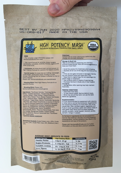 back of the small yellow bag of Harrison's High Potency Mash premium feed for small parrots, and doves, with higher nutritional needs, with feeding instructions