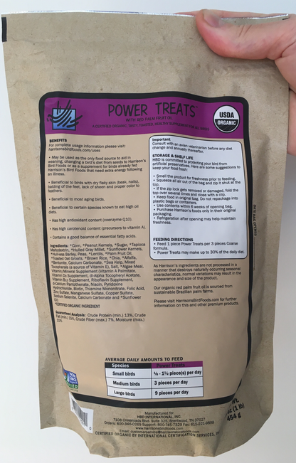 back of the small purple bag of Harrison's Power Treats, with feeding instructions
