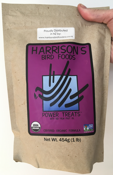 front of the small purple bag of Harrison's Power Treats, an excellent training aid and foraging treat