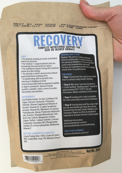 back of the bag of Harrison's Recovery, a hand feeding formula used by vets to nurse sick or injured small animals, including birds, reptiles, and kittens; with usage instructions