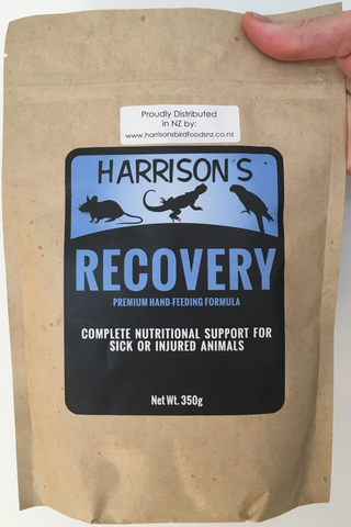front of the bag of Harrison's Recovery, a hand feeding formula used by vets to nurse sick or injured small animals, including birds, reptiles, and kittens