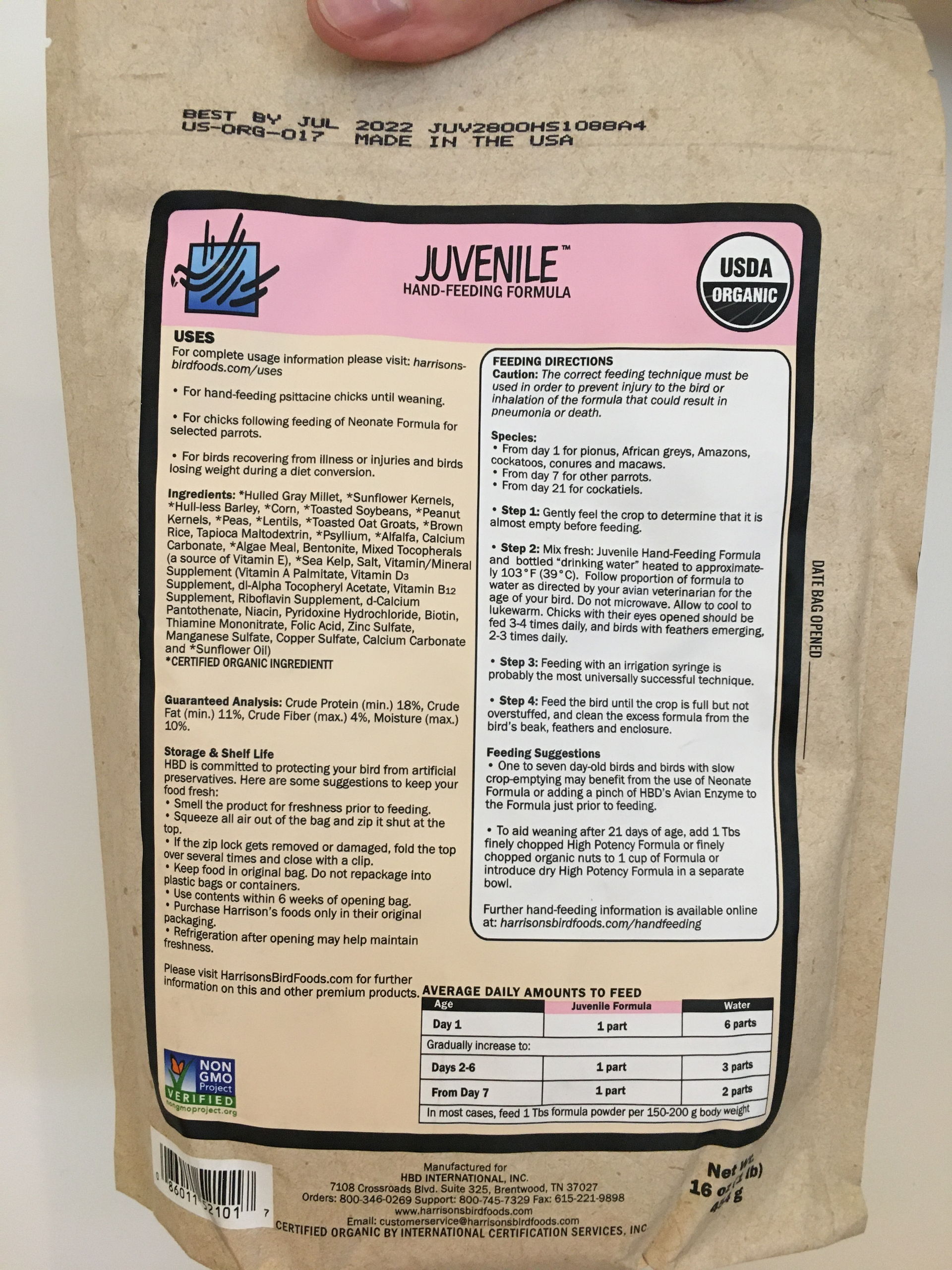 harrison's juvenile hand feeding formula back of packet with instructions