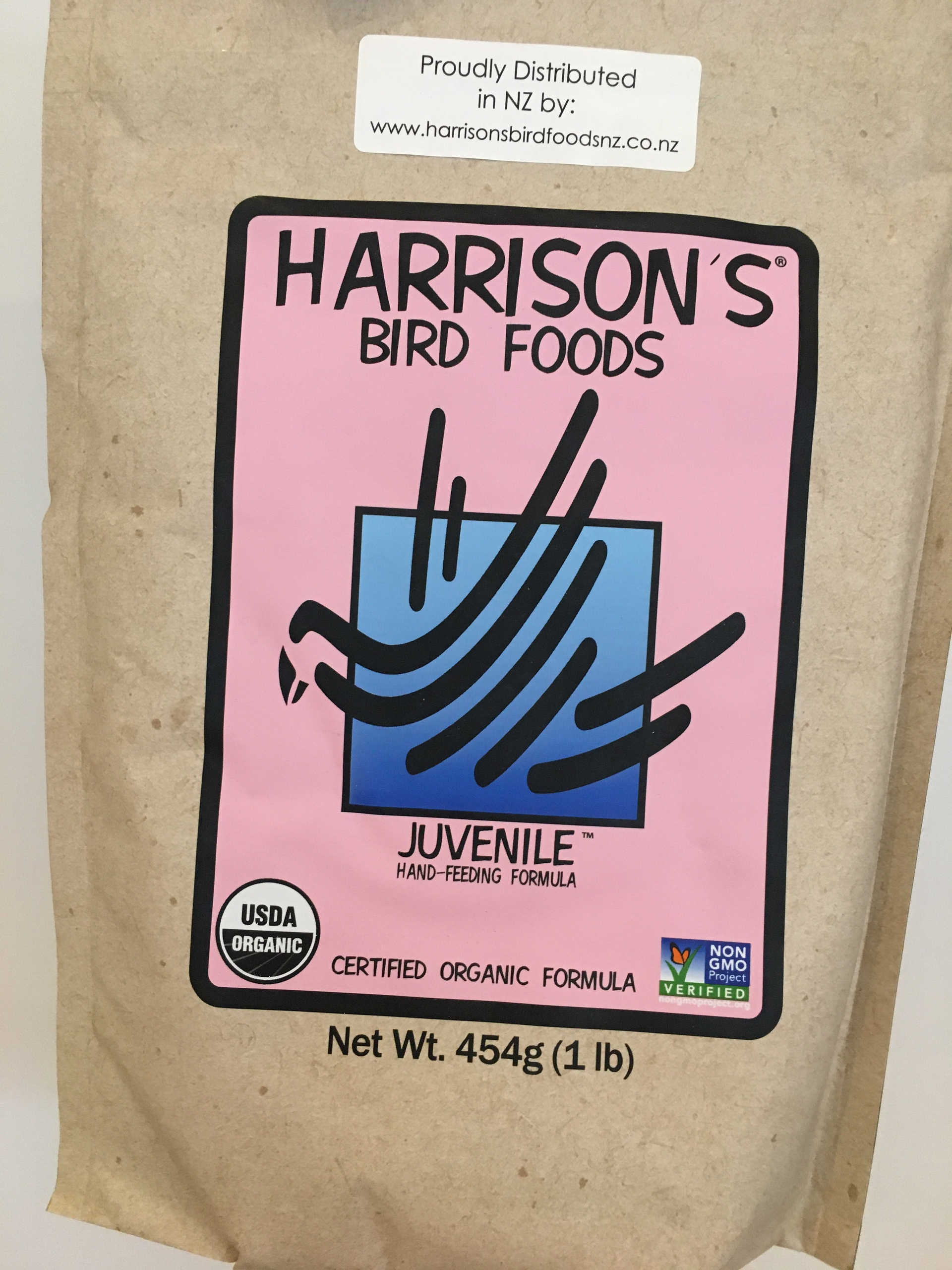 harrison's juvenile hand feeding formula front of packet pink logo