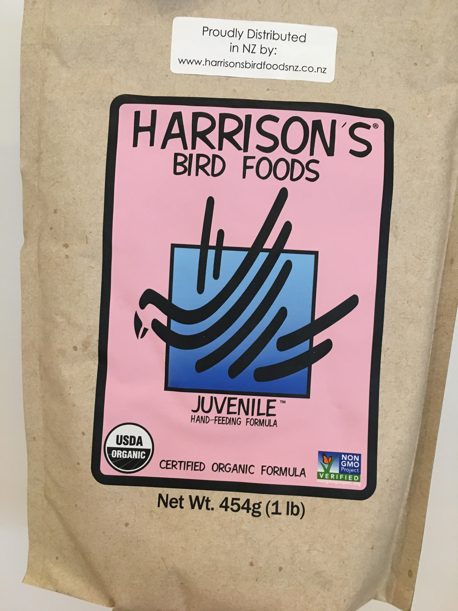 harrison's juvenile hand feeding formula front of packet pink logo